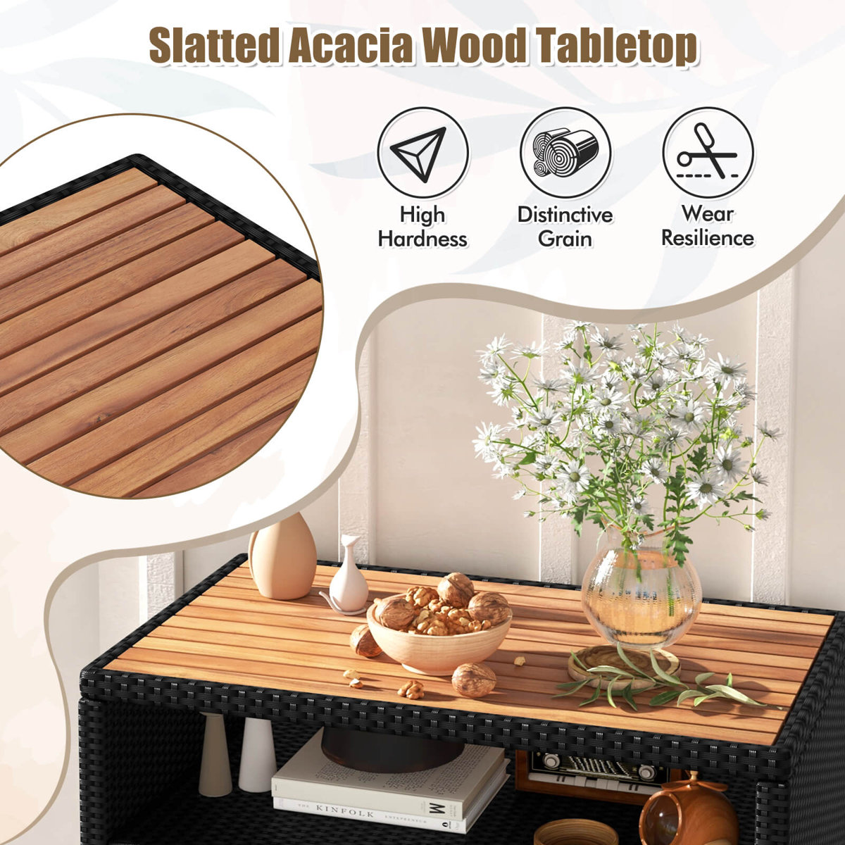 Latitude Run® Patio Storage Cabinet With Acacia Wood Countertop Open Shelf 2 Door Cabinet